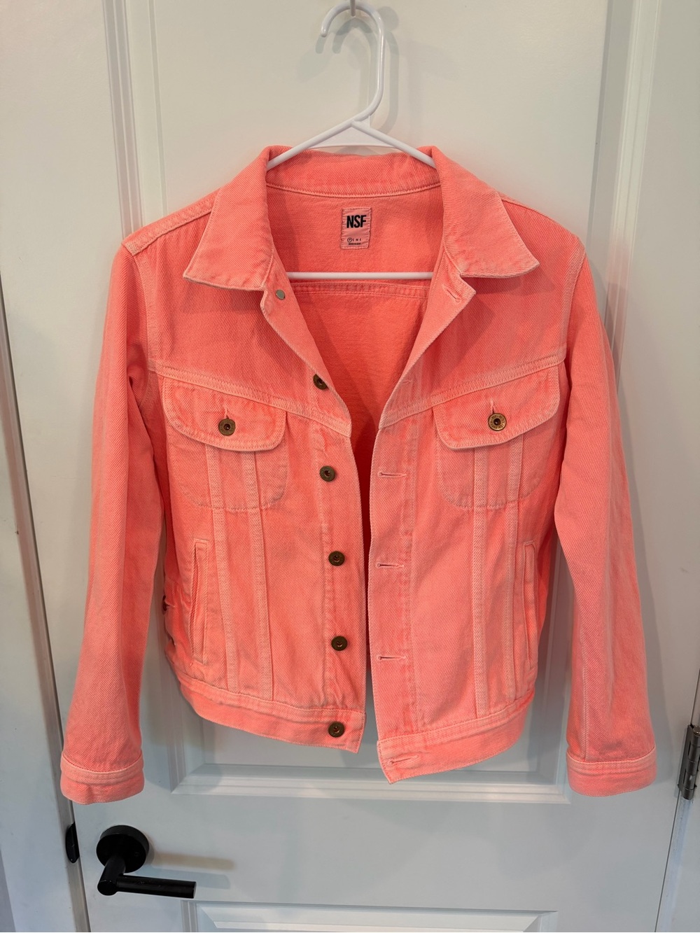 NSF Women's Coral Pink Denim Jacket size Petite Perfect condition 18 x 21